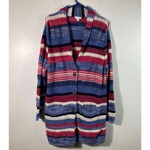 J Jill Striped Linen Blend Cardigan L V‎ Neck Collar Red White Blue